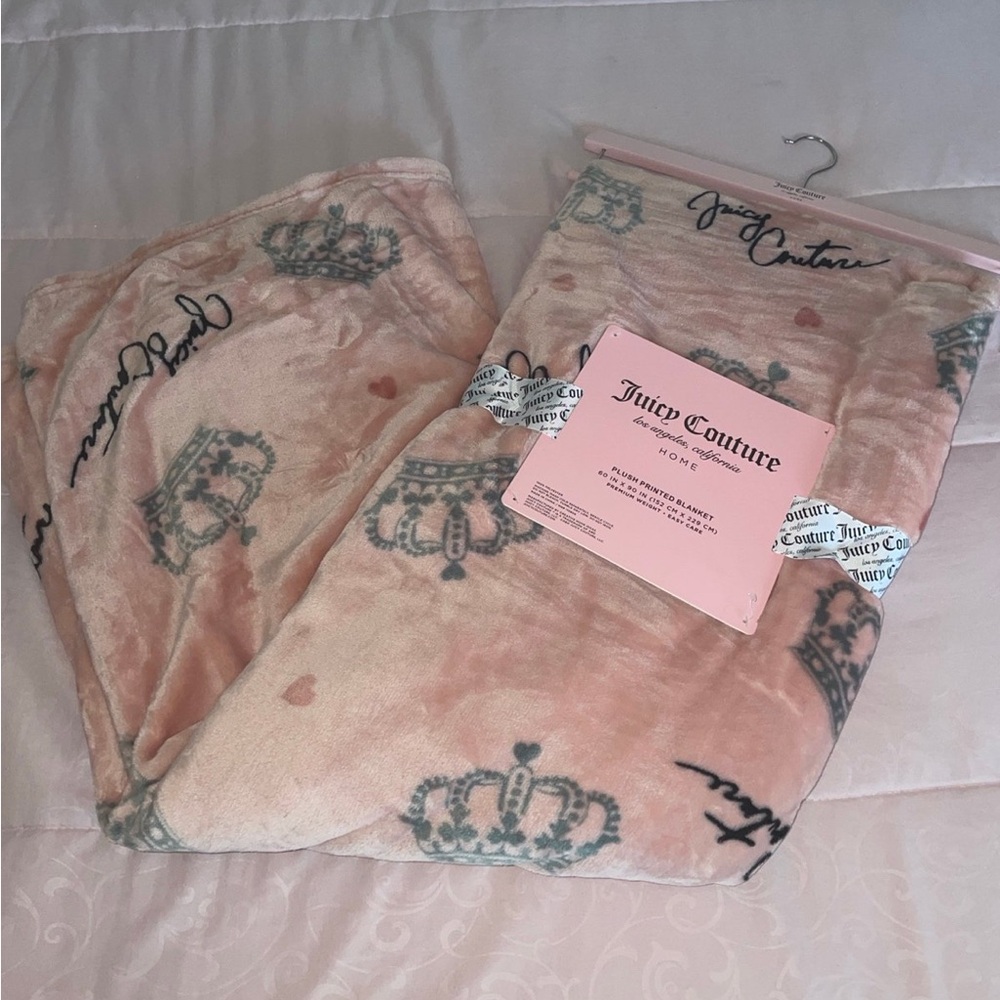 Juicy Couture Blush Pink Crown Print Plush Throw